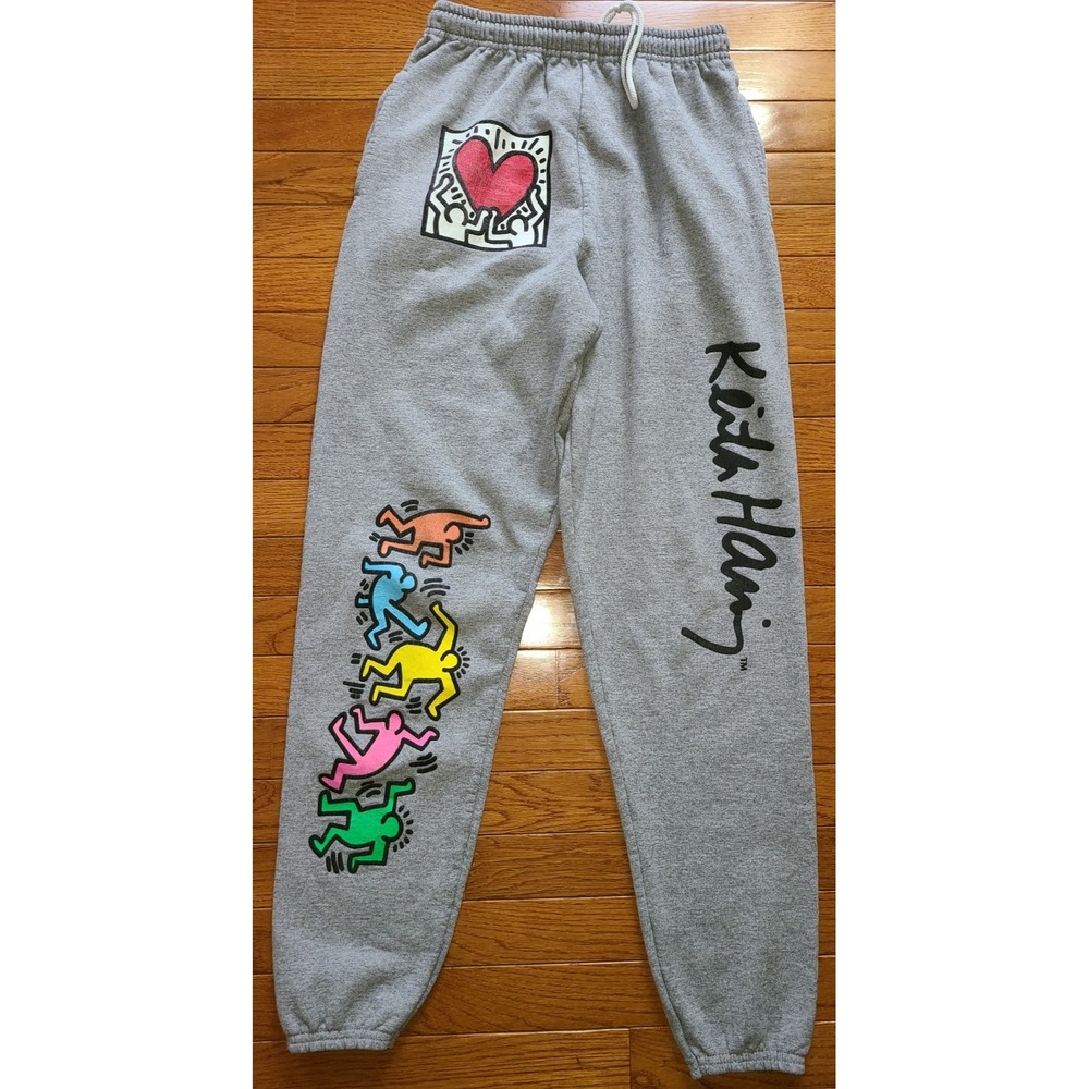 Kieth Haring Small Gray Fleece Sweatpants Joggers Pockets Pull on Street Artsy